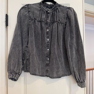 Rails Washed Black Ruffled Yoke Button-Down Blouse